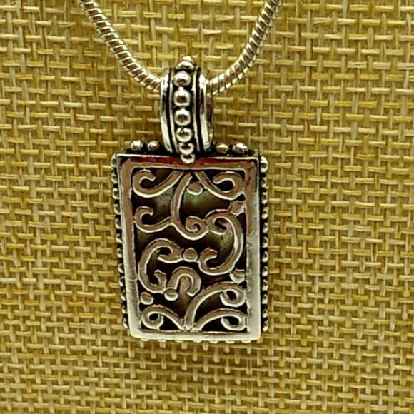 Mother of Pearl Encased in Openwork Scrolled Rectangular Pendant Necklace 18-21" - Picture 2 of 10